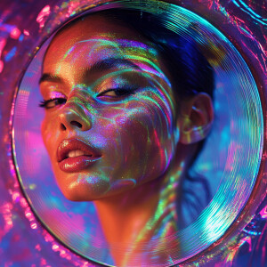 An ultra-realistic female portrait framed by a round, mirror-lik...