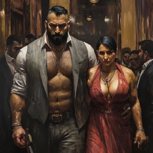 realism style art,a muscular sweaty beefy criminal walking  with...