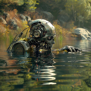 Cyborg's swimming in a lake. HDR, ultra-detailed, masterpiece,...