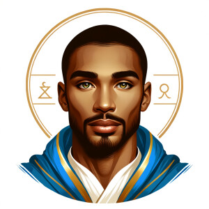 Create handsome African-American, Jesus, with Hazel Brown eyes wearing a blue and gold robe