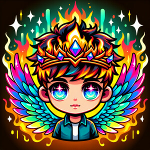 A cartoon boy with neon wings and glowing eyes and fire crown