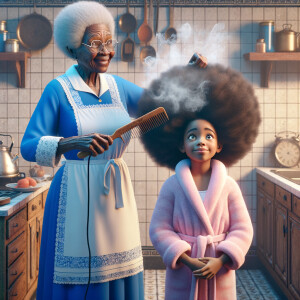 Create a realistic 3-D image of an african-American grandmother wearing a blue house dress and a white apron . She is in the kitchen with her african-American granddaughter. Her granddaughter is wearing a pink bath robe. The grandmother has a hot comb in her hand and she is straightening her granddaughters hair. One side of her granddaughters hair is in  a Afro the other straight 
There is smoke coming from the hot comb
The granddaughter is making a face