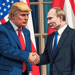 Trump and Putin shake hands, in carton art style