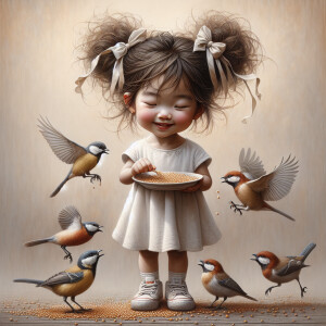 whimsical little girl with messy hair and ribbons, dressed in a...