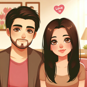 style " love is " is a dark-haired boy with a small beard And br...