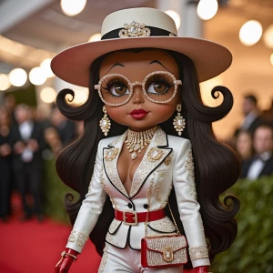 Betty Boop with dark chocolate brown skin, and long wavy hair is...