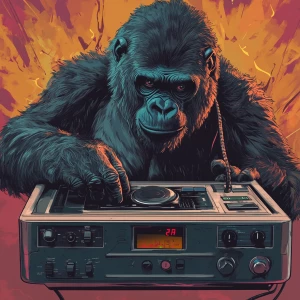 Gorilla pressing a button on a boombox