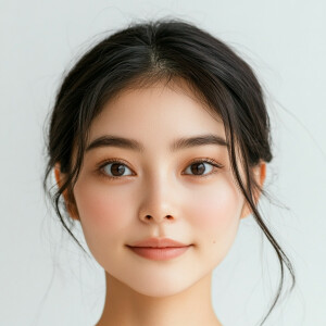Create an image of a cute 22-year-old Japanese woman with a clea...