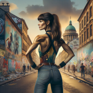 Athletic Thin skinny Attractive, Asian teenage girl, long brown hair and bangs, wearing tight skinny jeans and a halter top paint marks on her clothing, heroic pose Asian graffiti background, backside view