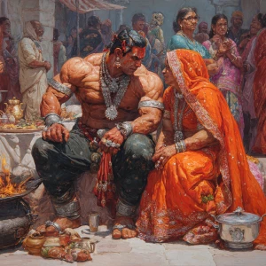realism, painting.a beefy muscular sweaty criminal gujarati man...