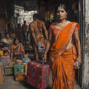 Realism painting a 54-year-old Gujarati housemaid wearing a brig...