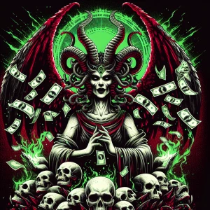 Medusa style face and head create an illustration of a commandin...