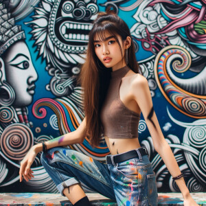 Very thin Athletic Thin skinny Attractive, Asian teenage girl, long brown hair and bangs, wearing tight skinny jeans and a halter top paint marks on her clothing, sitting side view heroic pose Asian graffiti