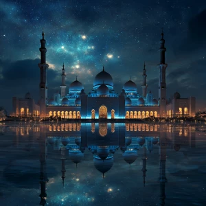 Generate an image of a grand mosque with glowing blue domes unde...