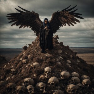 A Gothic angel perched atop a mound of skulls, wings outstretche...