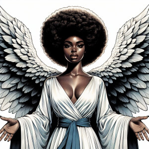 Design an illustration depicting a young Black woman as an angel...