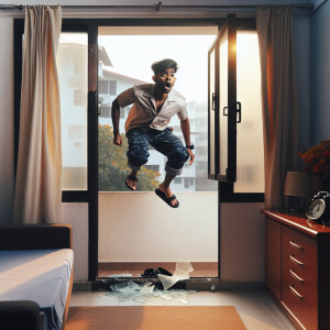 The navy man jumping out of a window of a home with no shirt on...