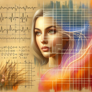 Abstract, minimalist, painting, with pencil line, paint, testers, colorful marks, mathematical equations, electrical cardiogram, printouts complex, math formulas