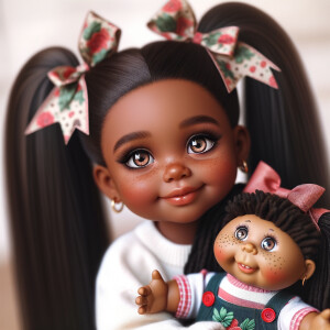 African-American girl with huge Hazel Brown eyes and long, black ponytails with Bows playing with African-American, cabbage Patch doll with huge dimples and freckles