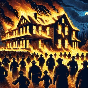 Describe a house engulfed in flames.  A single file line of blac...