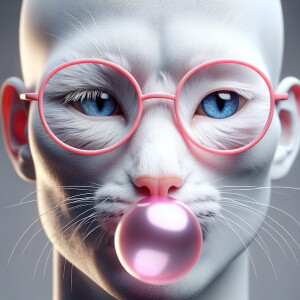 Illustrate a scene of a white female cat with striking blue eyes...