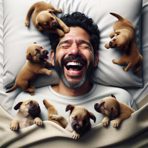 A [caricature of a] very happy [man] lying in a bed full of pupp...