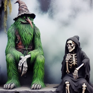 A realistic photo of a Grinch sitting on a concrete bench next t...