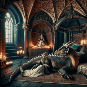 A majestic dragon with iridescent scales lounging on a velvet ru...