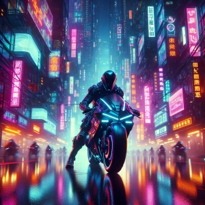 Create an image a futuristic motorcyclist riding through a futur...