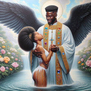 An oil painting depicting a large African-American angel with wi...