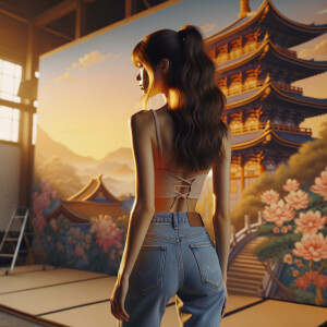 Athletic Thin skinny Attractive, Asian teenage girl, long brown hair and bangs, wearing tight skinny jeans and a halter top paint marks on her clothing, heroic pose Asian graffiti background, backside view