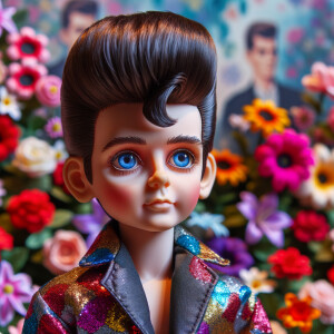 Elvis Presley doll with huge blue eyes flowers in the background