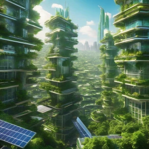 A vibrant cityscape featuring buildings covered in lush greenery, transparent solar rooftops, and wind turbines humming gently in the background.