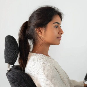 A cute skinny Latina woman sitting in a chair

Brown ponytail...