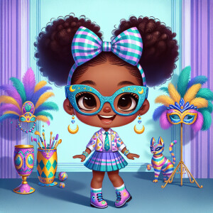 A chibi-style image of an African American 3-year-old girl, stan...