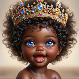 "Create a digital portrait of an adorable african-American baby girl with a joyful expression. She is wearing a gold crown with colorful jewels. Her big, bright blue eyes are wide with wonder, and her tiny mouth is shaped in a happy grin. Her skin has a warm, honey-brown tone, and she has an abundance of thick curly black hair, The background is soft and neutral to keep the focus on her delightful features. The portrait should be vibrant and heartwarming, celebrating the innocence and charm of childhood."