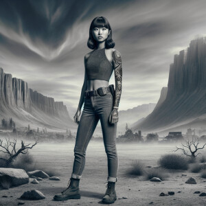 Thin Asian teen girl wearing tight jeans and a halter top Long brown hair and bangs, tattoos on her arms, athletic heroic pose