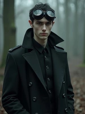 Half elven man with pale skin and short dark hair wearing a blac...