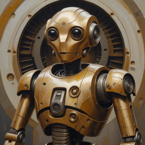 In the center of the frame stands a vintage-chic zenithal droid...