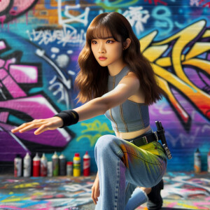 teenage girl, long brown hair and bangs, wearing tight skinny jeans and a halter top paint marks on her clothing, heroic pose Asian graffiti background, nearing on one knee