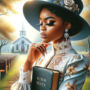 Render an airbrush oil painting of an African American woman with flawless makeup in a
contemplative pose, holding a Bible close to her heart, dressed in an elegant Sunday Best
outfit with a distinctive Church Hat. The background features a peaceful church garden,
with light filtering through the trees, highlighting her spiritual connection and the personal
moment of reflection. The artwork should capture the tranquility of the scene, the beauty
of her attire, and the depth of her contemplation, reflecting a serene and spiritually