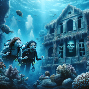 Two girls scuba diving underwater see a sunken city. A pale, sca...
