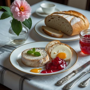 Create an image depicting a vintage-style breakfast setting that...