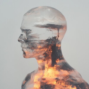Surrealist humanoid, contrasting textures and elements, fire and...