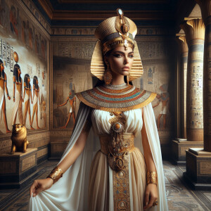 Cleopatra, open, light royal outfit with golden headdress and je...
