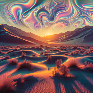 psychedelic light refractions in the desert landscape, amorphous...