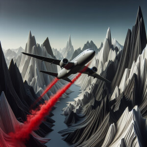 A plane soaring through the black and grey mountains, leaving be...