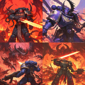 Create a space marine fighting with demons