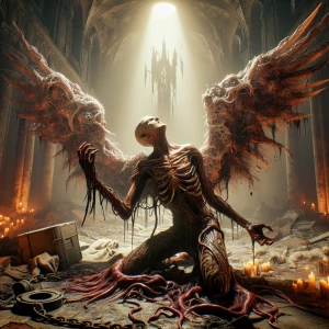 Horror-themed video game concept art of an angel infected with a...