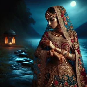 Depict an Indian bride attired in an intricate, traditional lehe...
